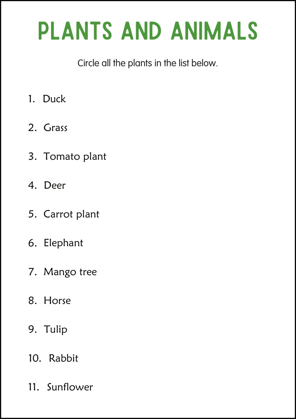 Identifying plants: students circle the plants in a list of 11 words mixing duck, grass, tomato plant, deer and tulip