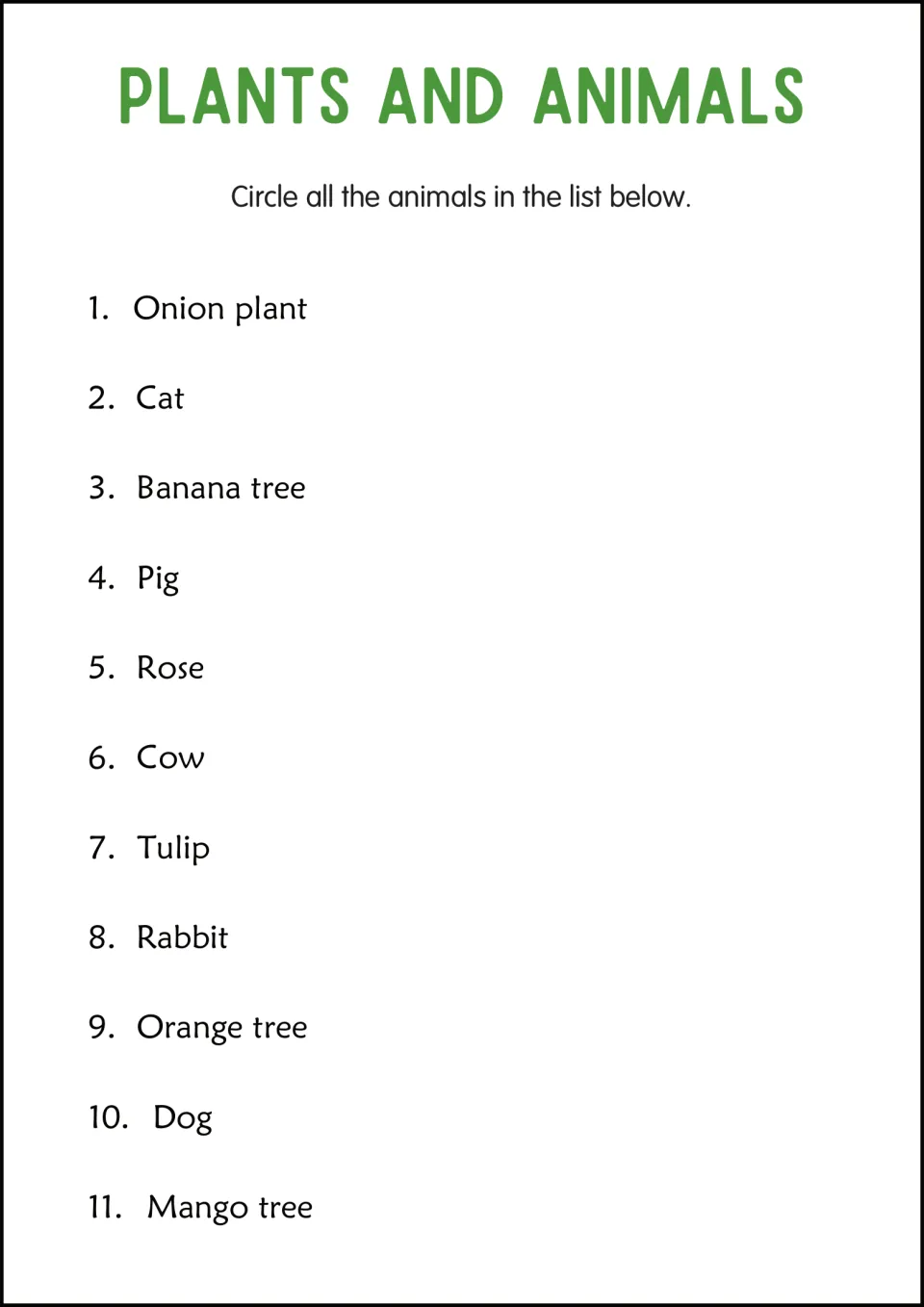 Identifying animals: students circle the animals in an 11-word list mixing onion plant, cat, banana tree, pig and rose