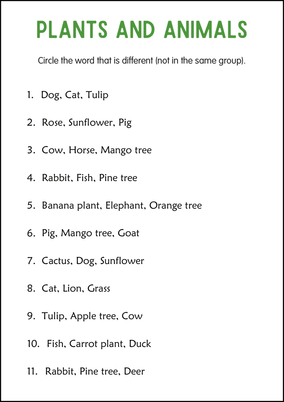 Odd one out: students circle the word that does not belong in 11 sets such as Dog, Cat, Tulip and Rose, Sunflower, Pig