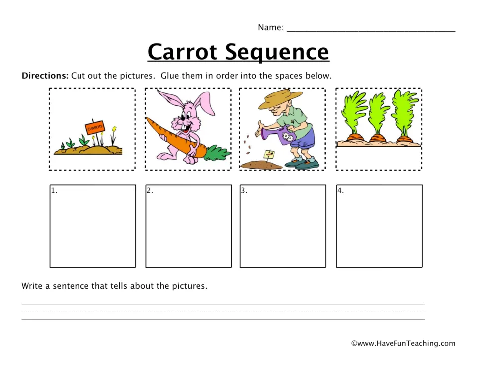 Carrot sequencing worksheet: cut and order four pictures of watering, sprouts, grown carrots, and a rabbit.