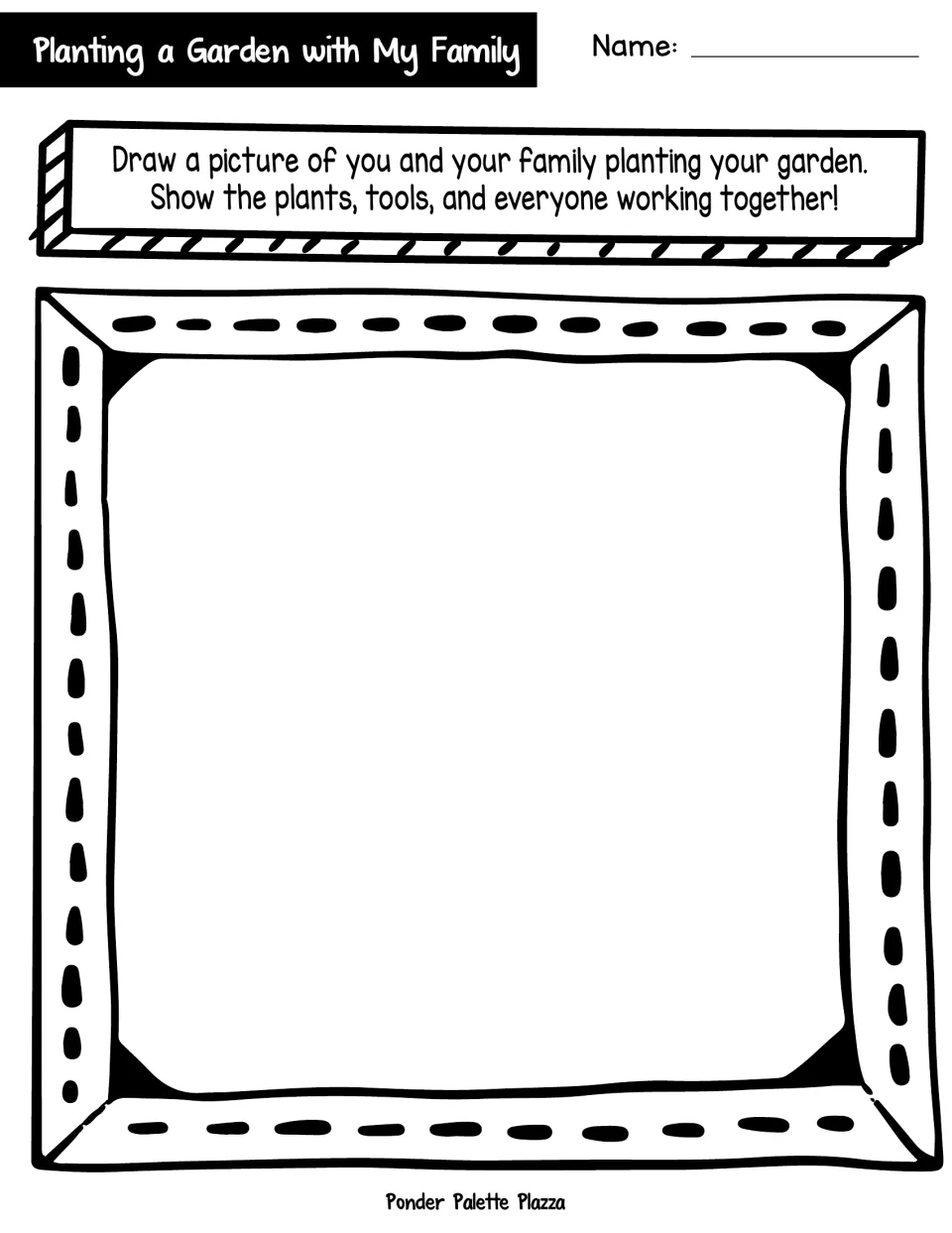 Drawing prompt for the family garden activity: show plants, tools, and family members working together.