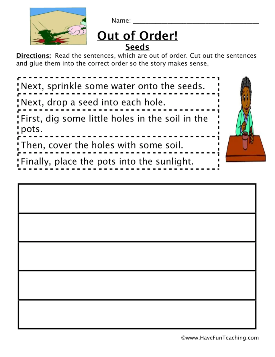 Seed planting sequencing activity: cut out and order five sentences about planting seeds in pots.