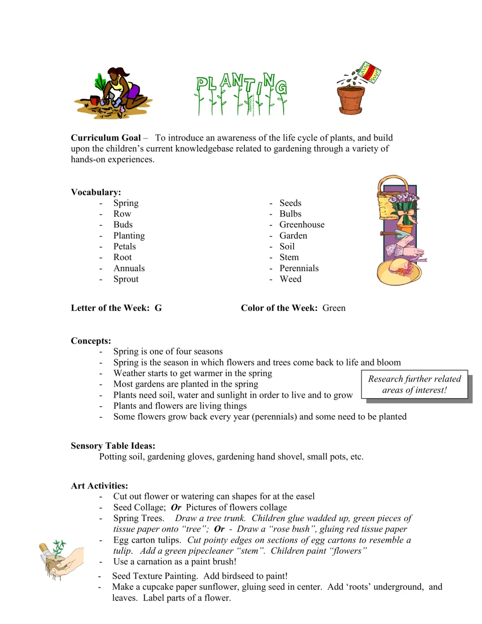 Gardening curriculum introduction: plant life cycle goal, vocabulary, letter G, green, sensory and art ideas