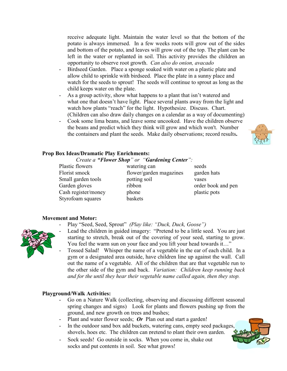 Gardening guide continues plant experiments, then adds flower shop pretend play, movement and outdoor ideas