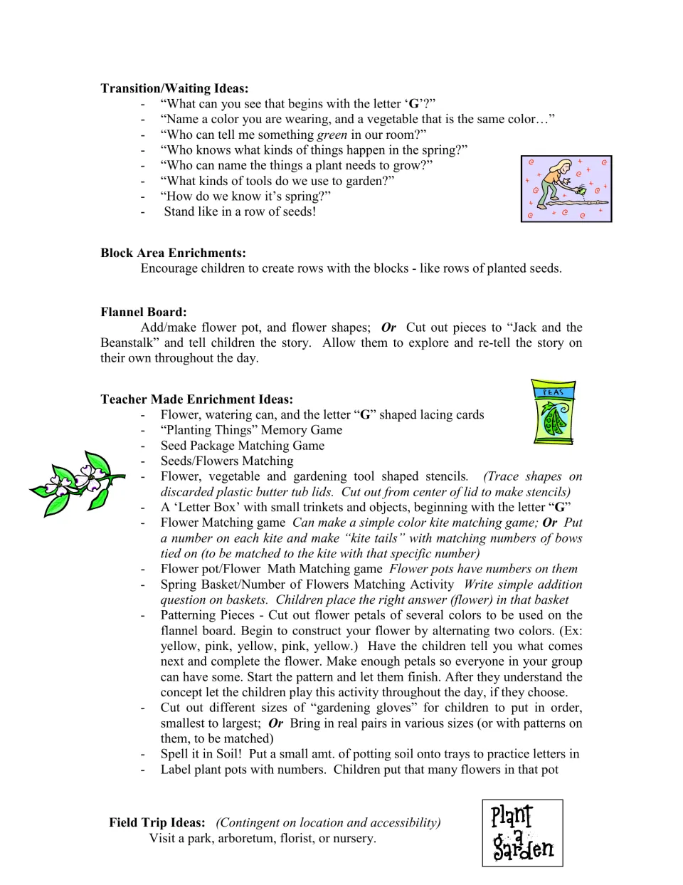 Gardening guide ideas for transitions, blocks, flannel boards, teacher-made matching games and field trips