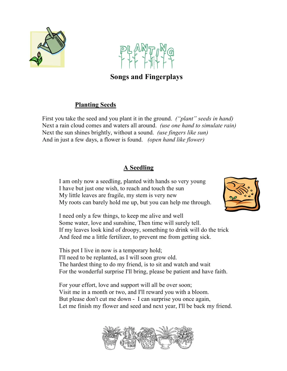 Gardening songs and fingerplays page includes 'Planting Seeds' with hand motions and the poem 'A Seedling'