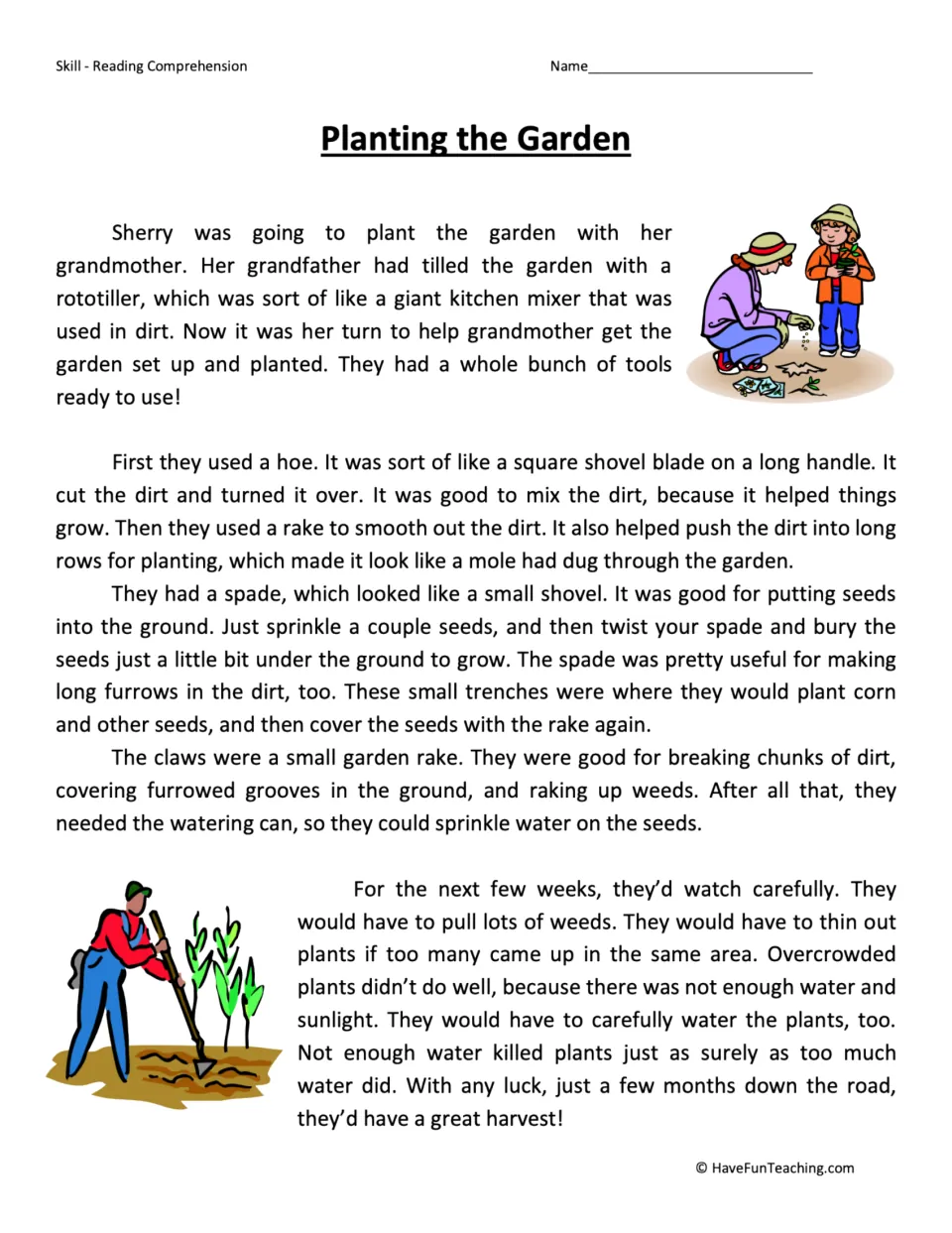 Reading passage about Sherry planting a garden with her grandmother, using tools and caring for plants.