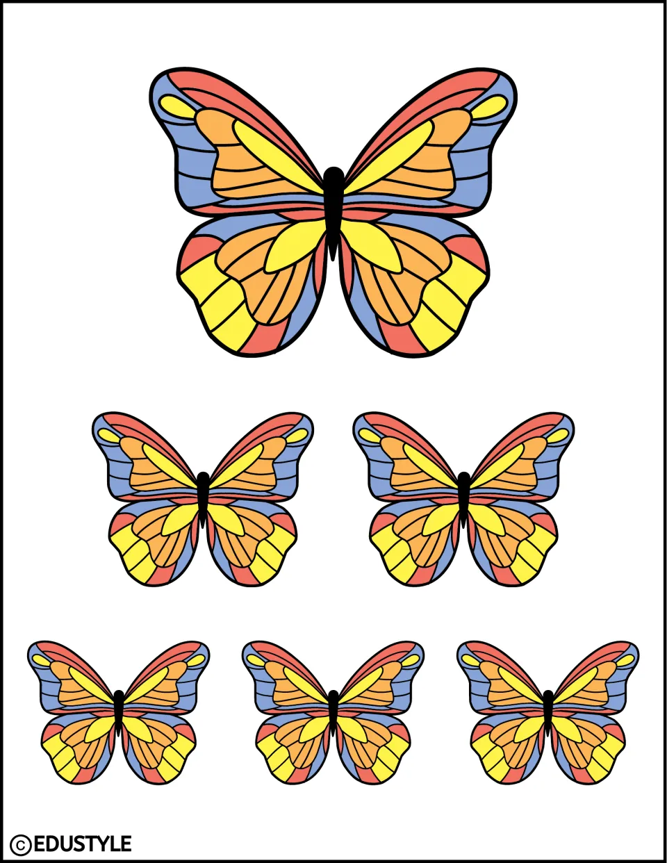 Six matching butterfly cutouts in three sizes, with colorful wings, for spring bulletin board and door decor