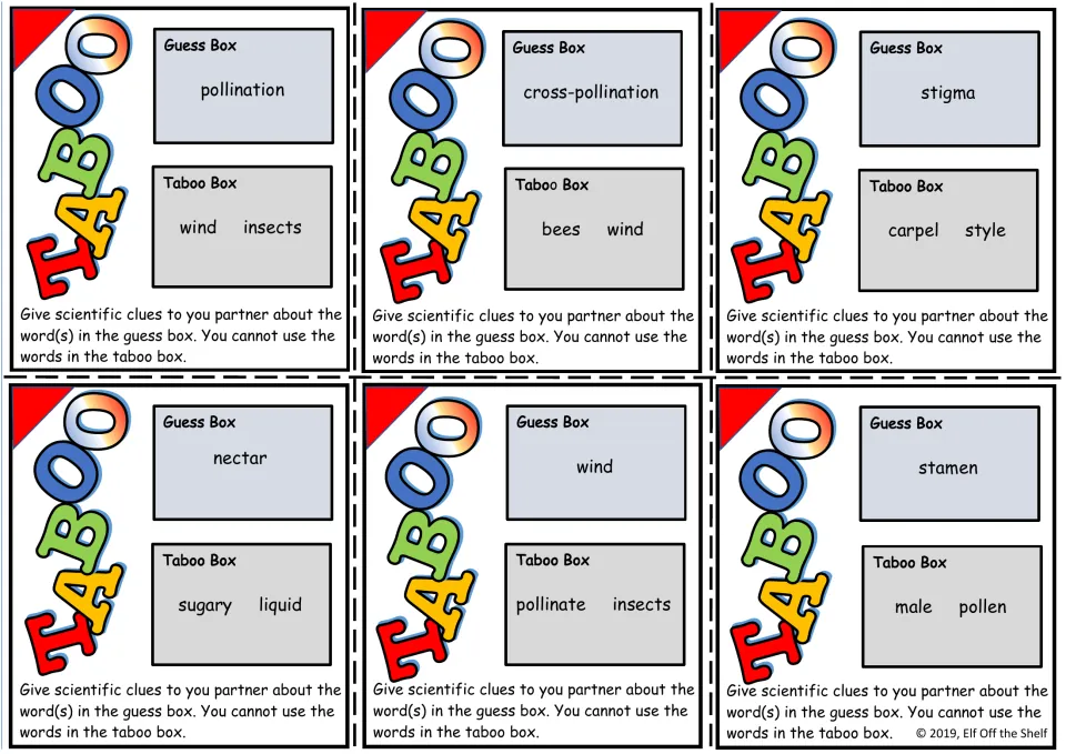Plant vocabulary taboo cards 1–6: pollination, cross-pollination, stigma, nectar, wind, and stamen.