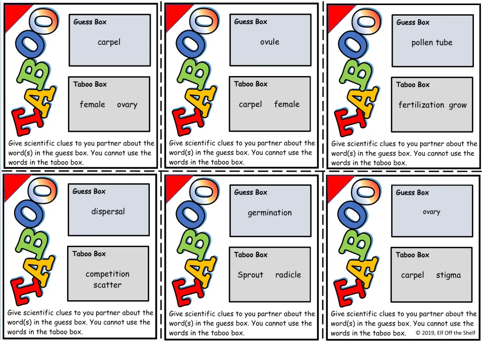 Plant vocabulary taboo cards 7–12: carpel, ovule, pollen tube, dispersal, germination, and ovary.
