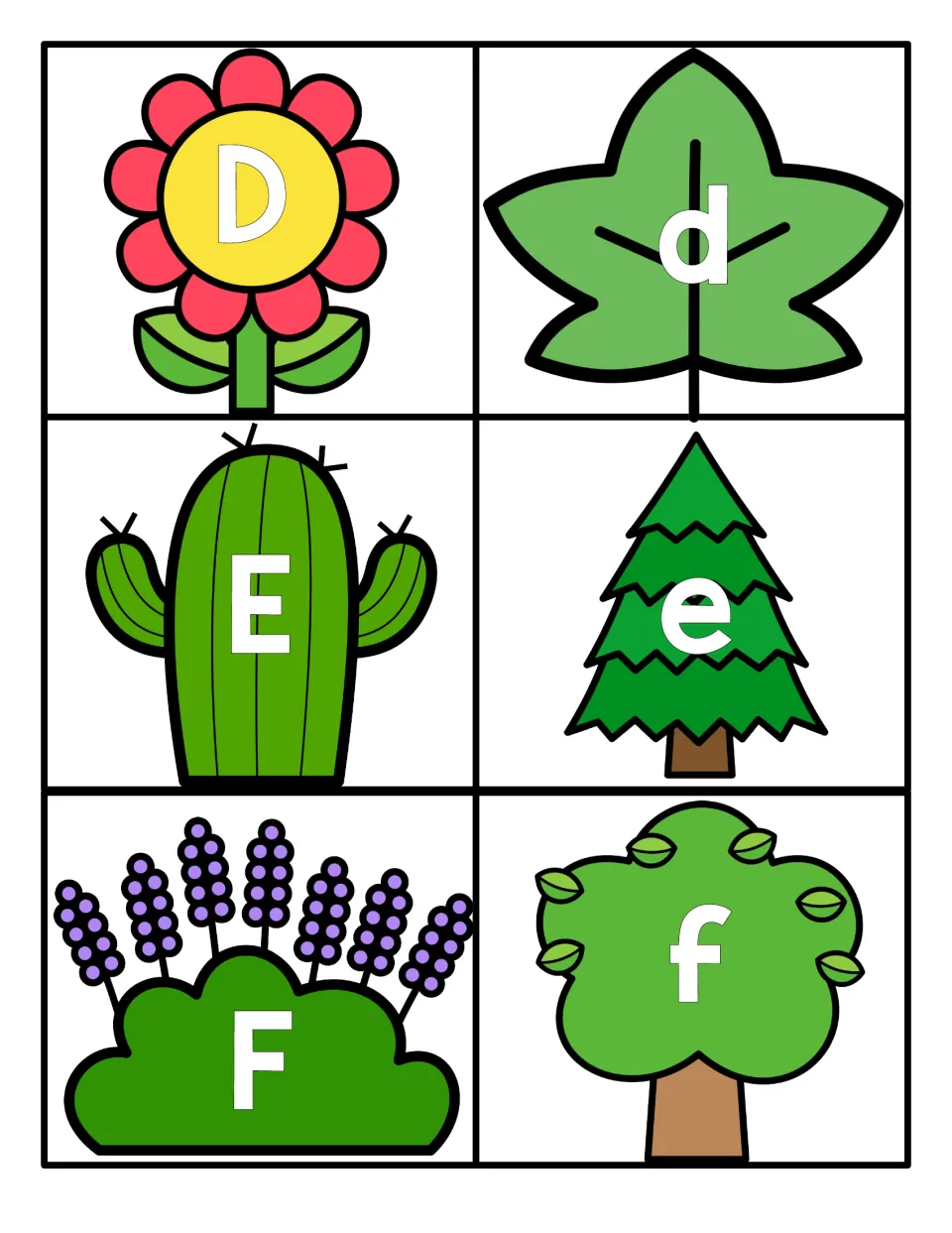 Letters D to F: D on a flower, d on a leaf, E on a cactus, e on a pine tree, F on lavender and f on a leafy tree to pair