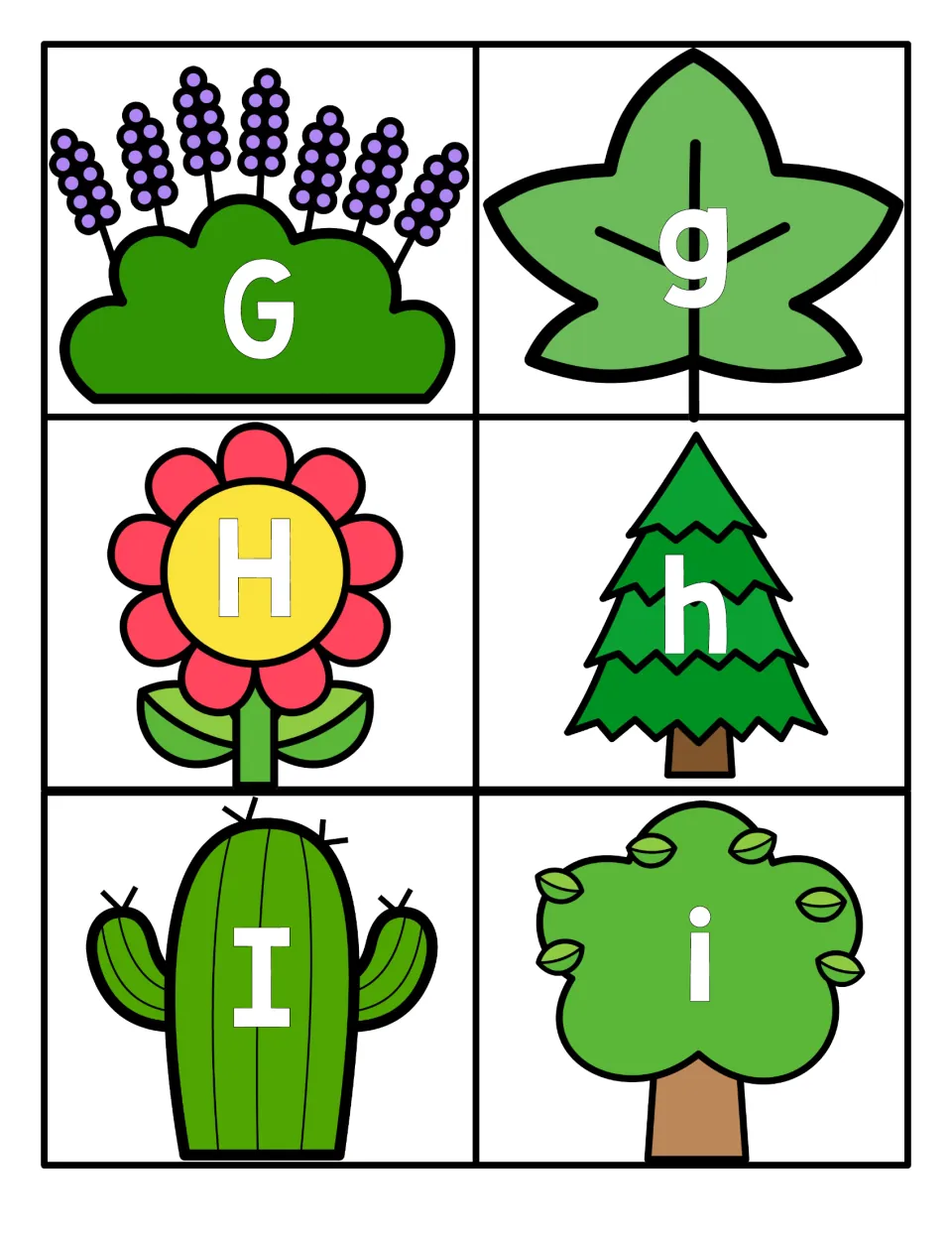 Letters G to I: G on lavender, g on a leaf, H on a flower, h on a pine tree, I on a cactus and i on a leafy tree to pair