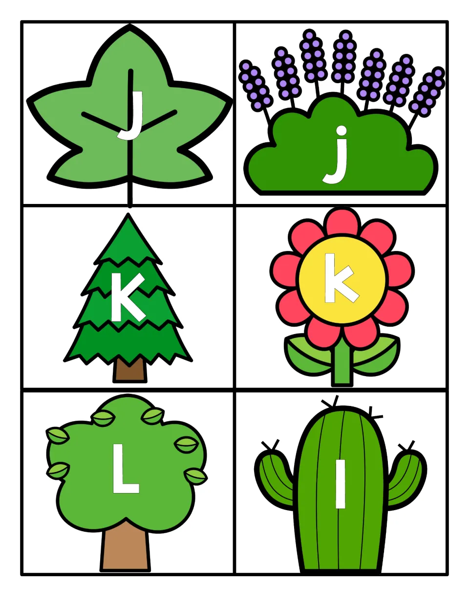 Letters J to L: J on a leaf, j on lavender, K on a pine tree, k on a flower, L on a leafy tree and l on a cactus to pair