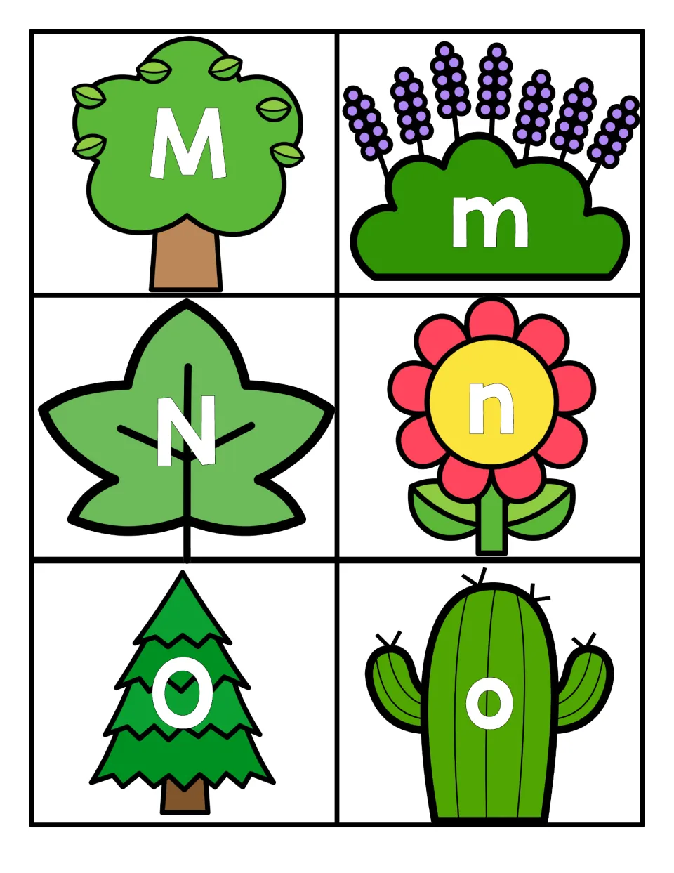 Letters M to O: M on a leafy tree, m on lavender, N on a leaf, n on a flower, O on a pine tree and o on a cactus to pair