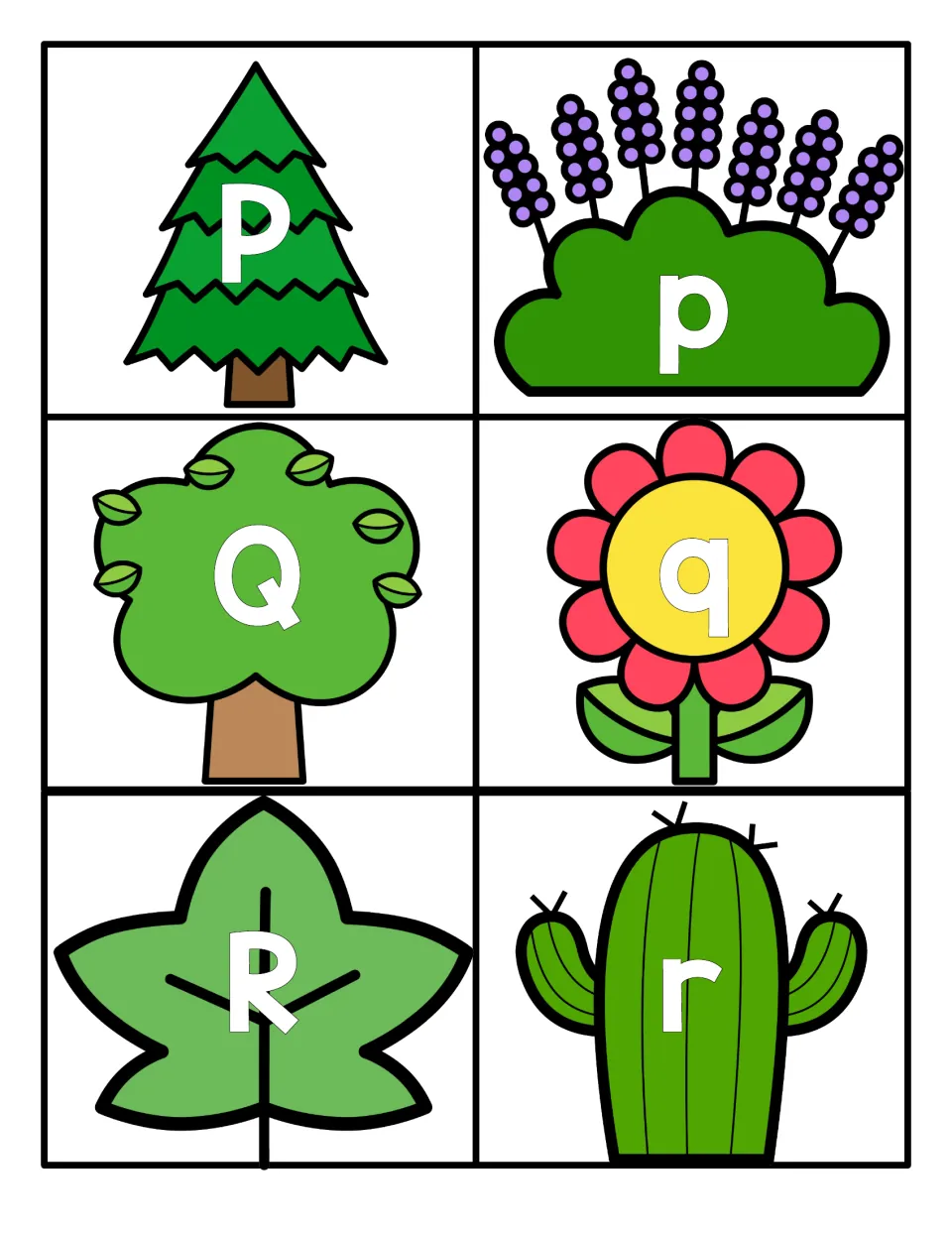 Letters P to R: P on a pine tree, p on lavender, Q on a leafy tree, q on a flower, R on a leaf and r on a cactus to pair