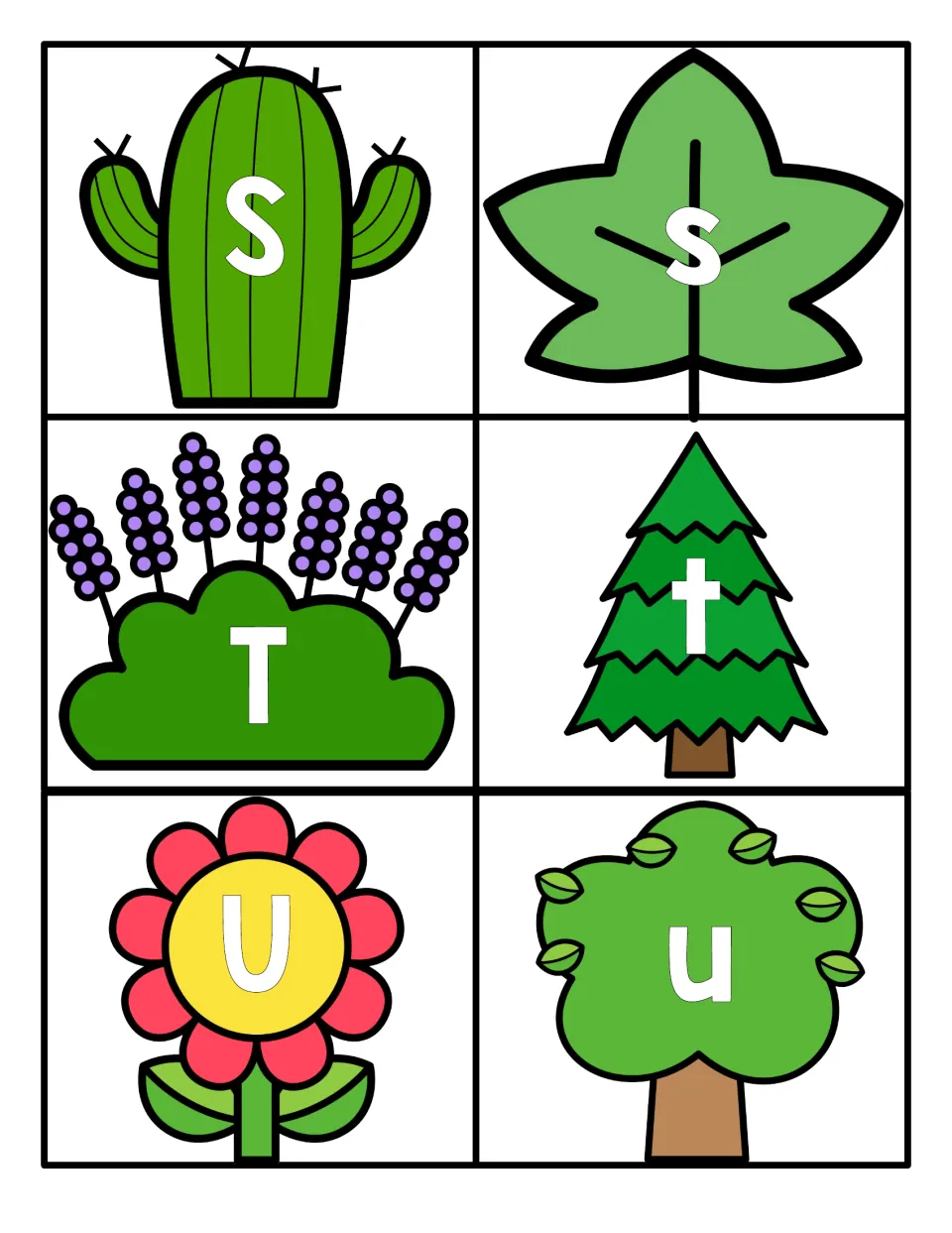 Letters S to U: S on a cactus, s on a leaf, T on lavender, t on a pine tree, U on a flower and u on a leafy tree to pair