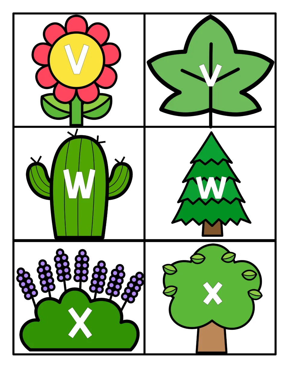 Letters V to X: V on a flower, v on a leaf, W on a cactus, w on a pine tree, X on lavender and x on a leafy tree to pair