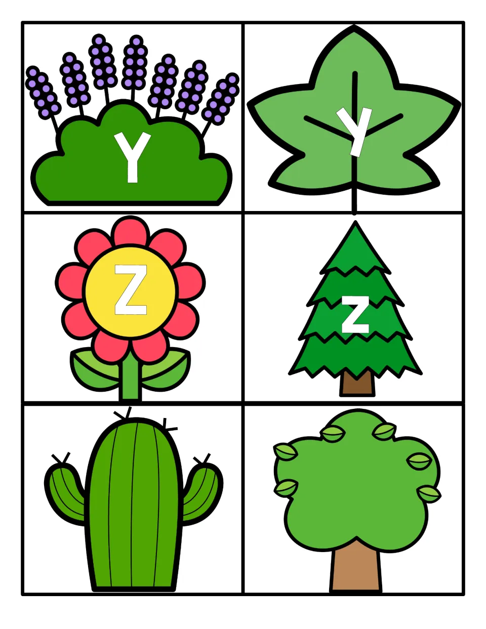 Letters Y and Z: Y on lavender, y on a leaf, Z on a flower and z on a pine tree to pair, plus blank cactus and tree cards
