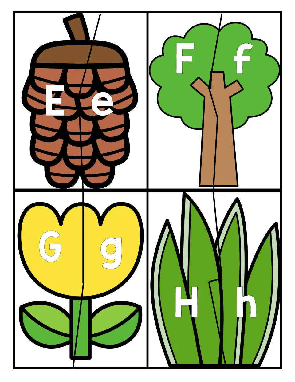 Letters E to H: split pinecone, tree, tulip and grass pictures; children match capital E, F, G and H to e, f, g and h