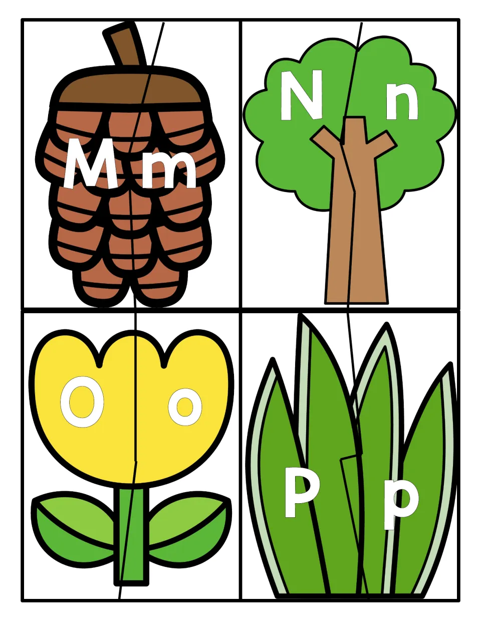 Letters M to P: pinecone, tree, tulip and grass cut in two; learners pair M, N, O and P with m, n, o and p to match cases