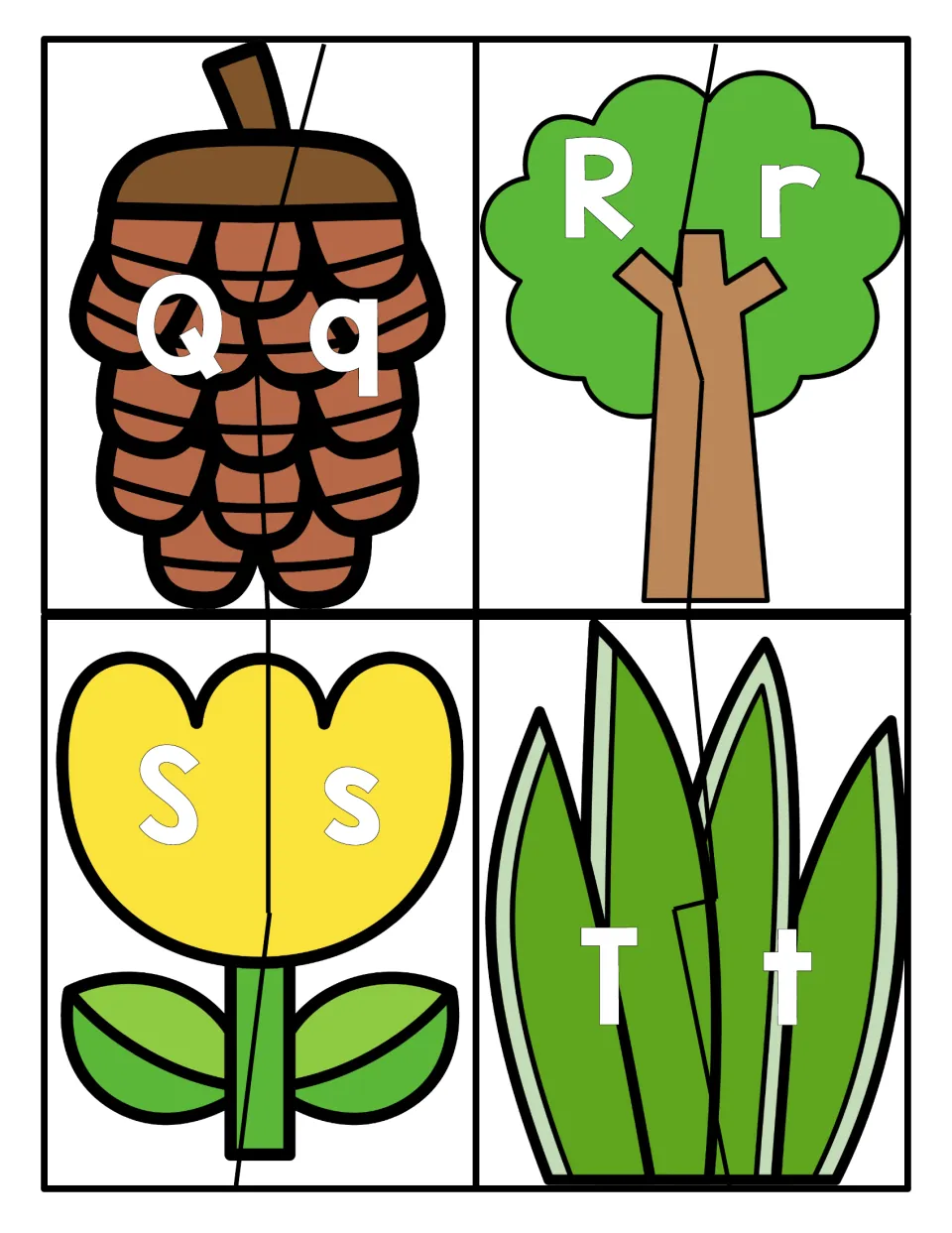 Letters Q to T: two-part plant pictures where students connect Q, R, S and T to q, r, s and t for letter recognition