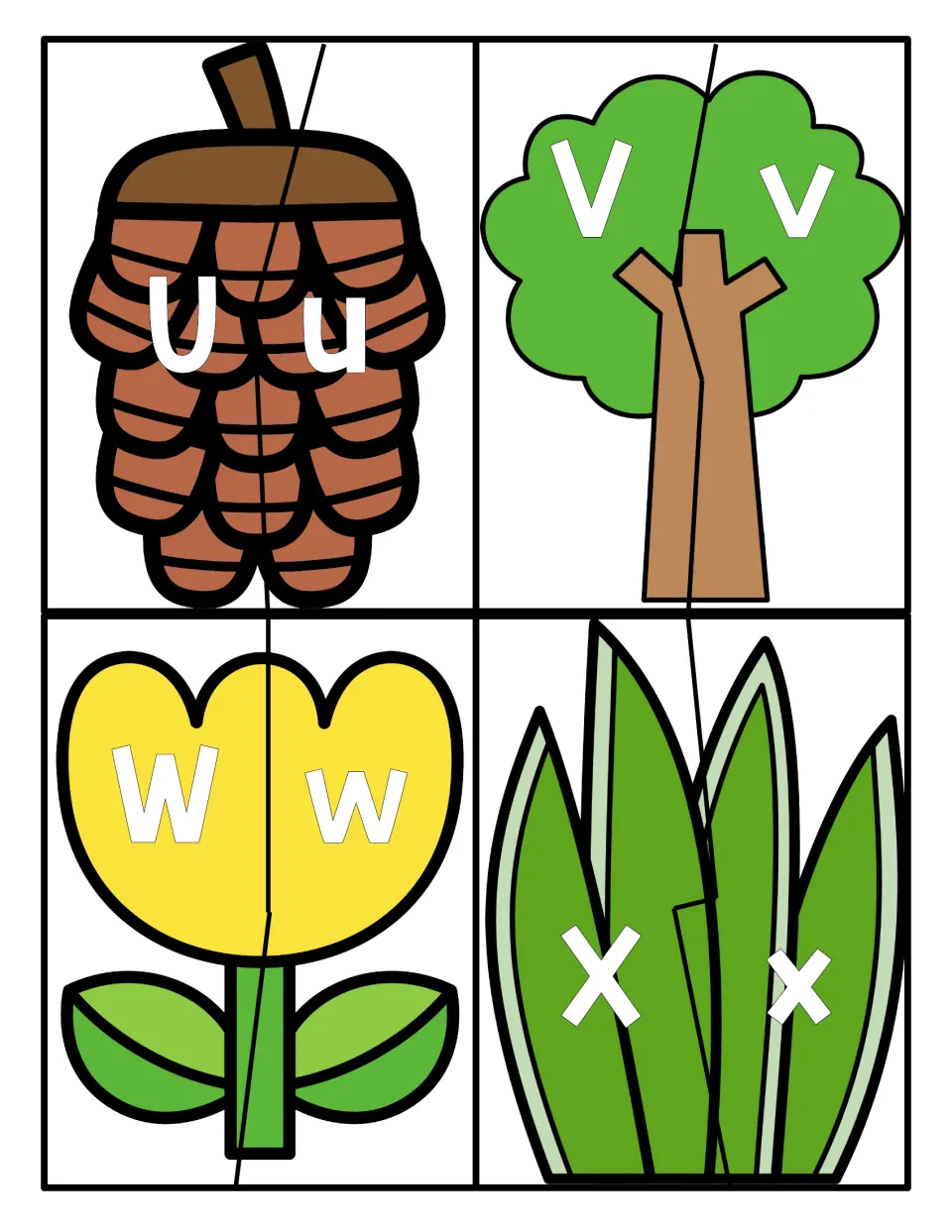 Letters U to X: split pinecone, tree, tulip and grass; students match U, V, W and X to lowercase u, v, w and x halves