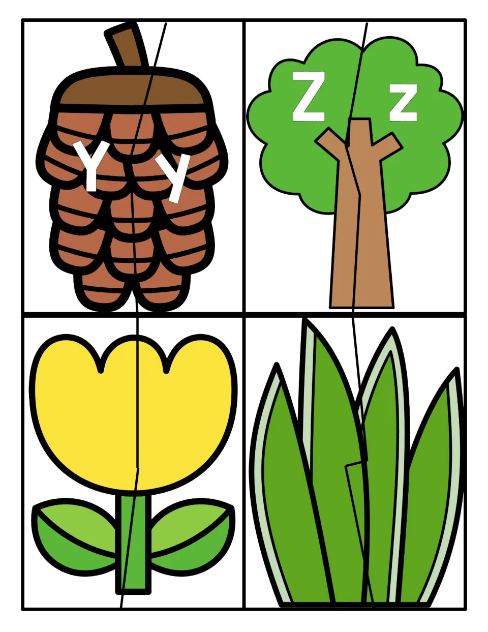 Letters Y and Z: pinecone and tree split for matching Y to y and Z to z, plus a blank tulip and grass with no letters