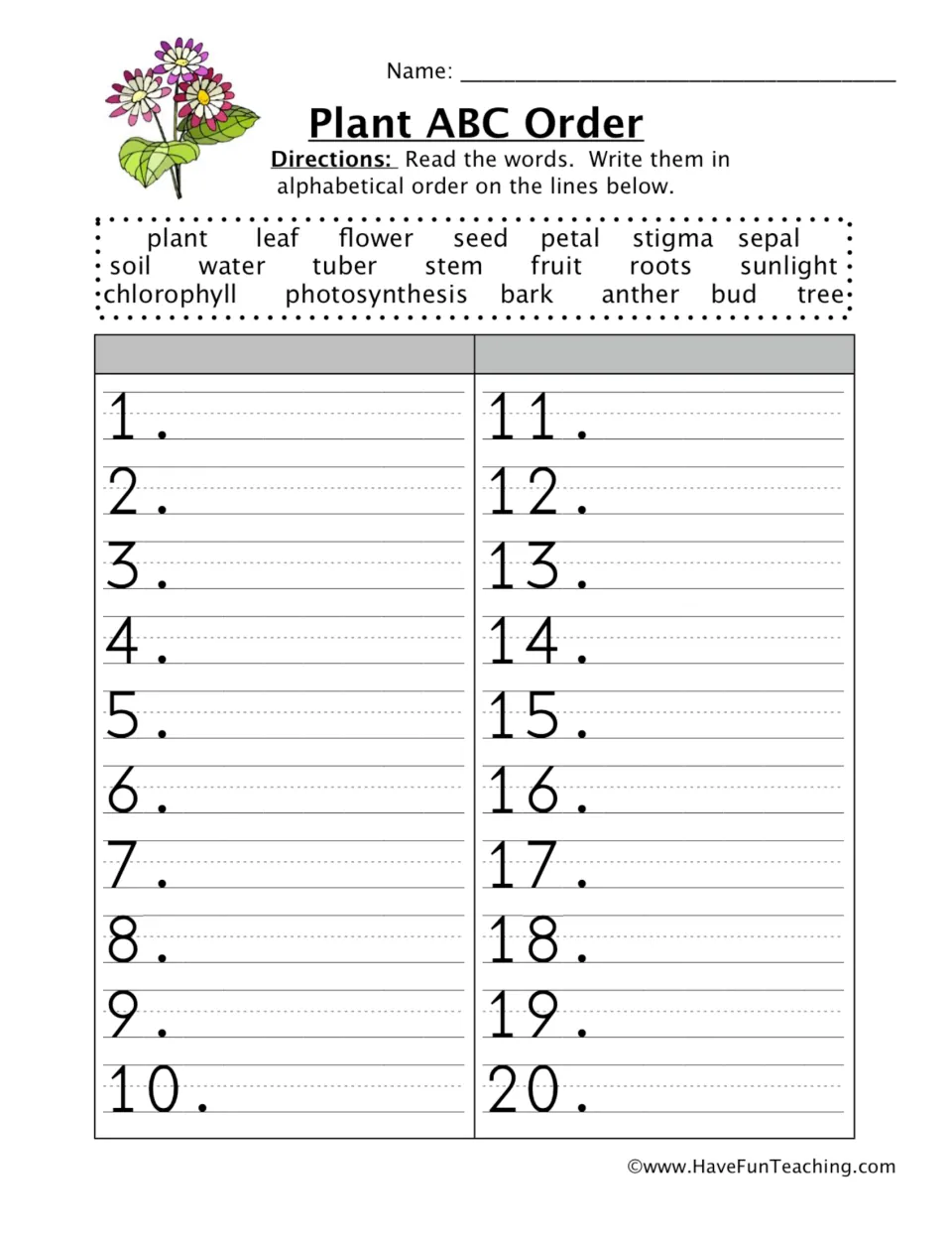 Plant vocabulary practice: alphabetize 20 words, including chlorophyll, photosynthesis, anther, and tuber.