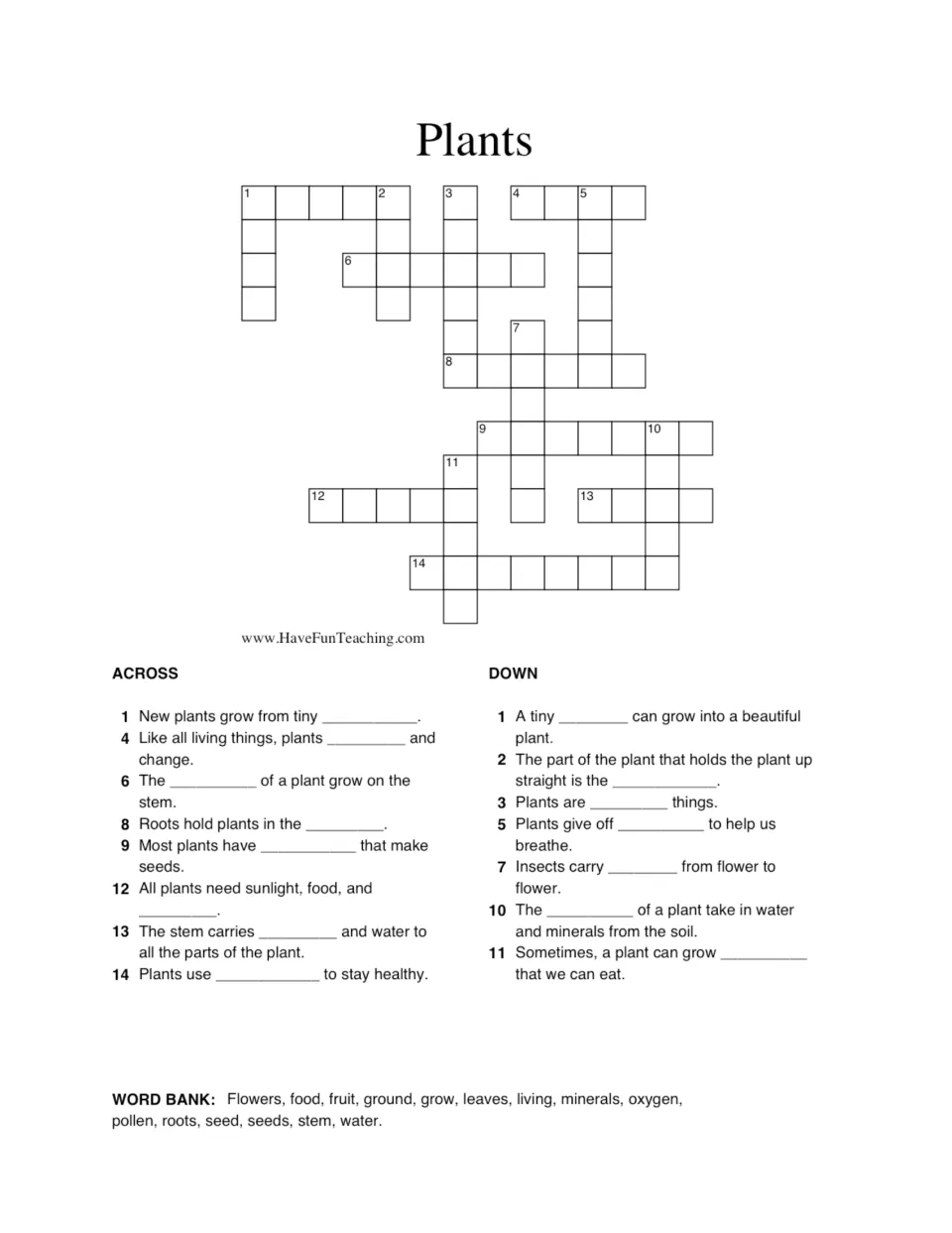 Plant parts crossword: students solve 14 across/down clues using a word bank of roots, stem, leaves, seeds, pollen, oxygen