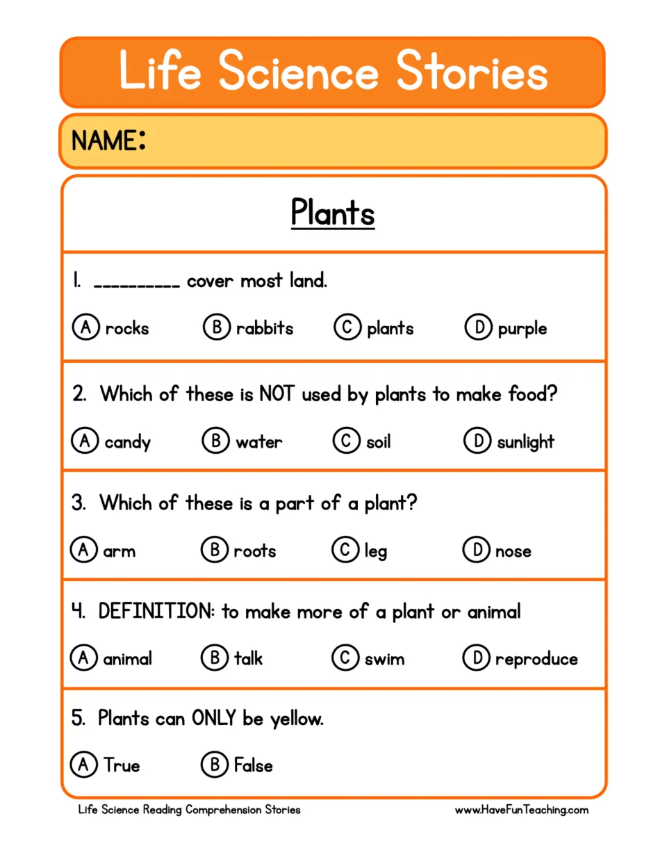 Five comprehension questions about plant coverage, food needs, roots, reproduction, and plant colors.
