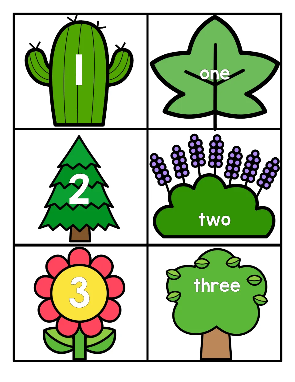 Numbers 1 to 3: numerals on a cactus, pine and flower, with one, two and three on a leaf, bush and tree to match