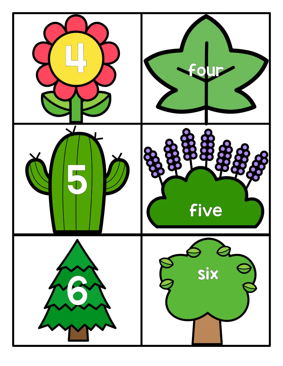 Numbers 4 to 6: numeral cards on a flower, cactus and pine tree pair with the words four, five and six on leafy plants