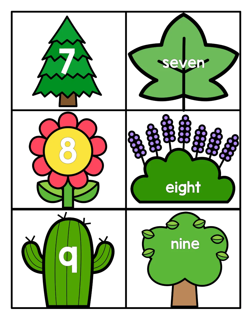 Numbers 7 to 9: 7, 8 and 9 shown on a pine tree, flower and cactus beside word cards reading seven, eight and nine