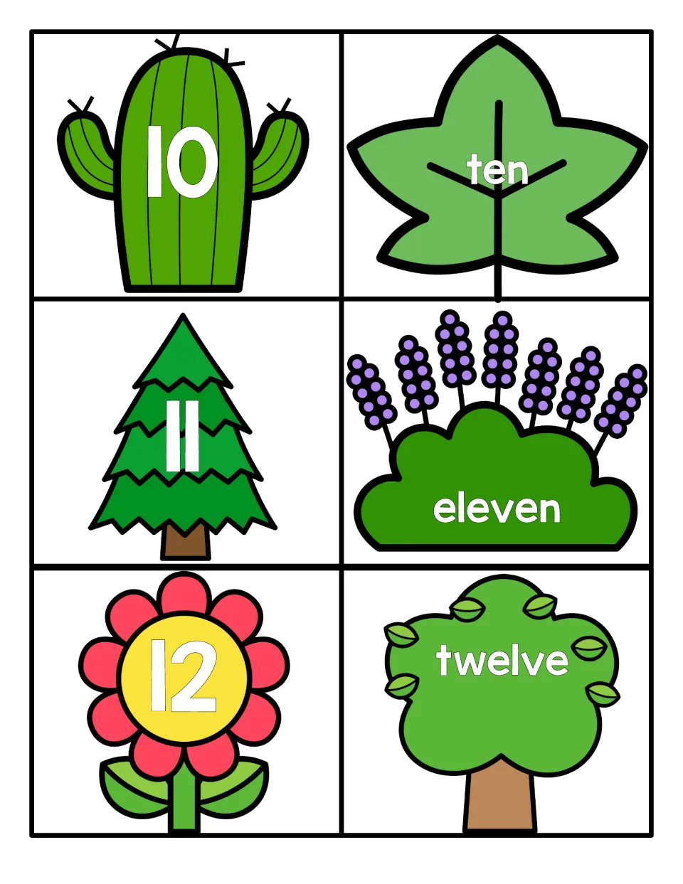 Numbers 10 to 12: two-digit numerals on a cactus, pine and flower to pair with ten, eleven and twelve word cards