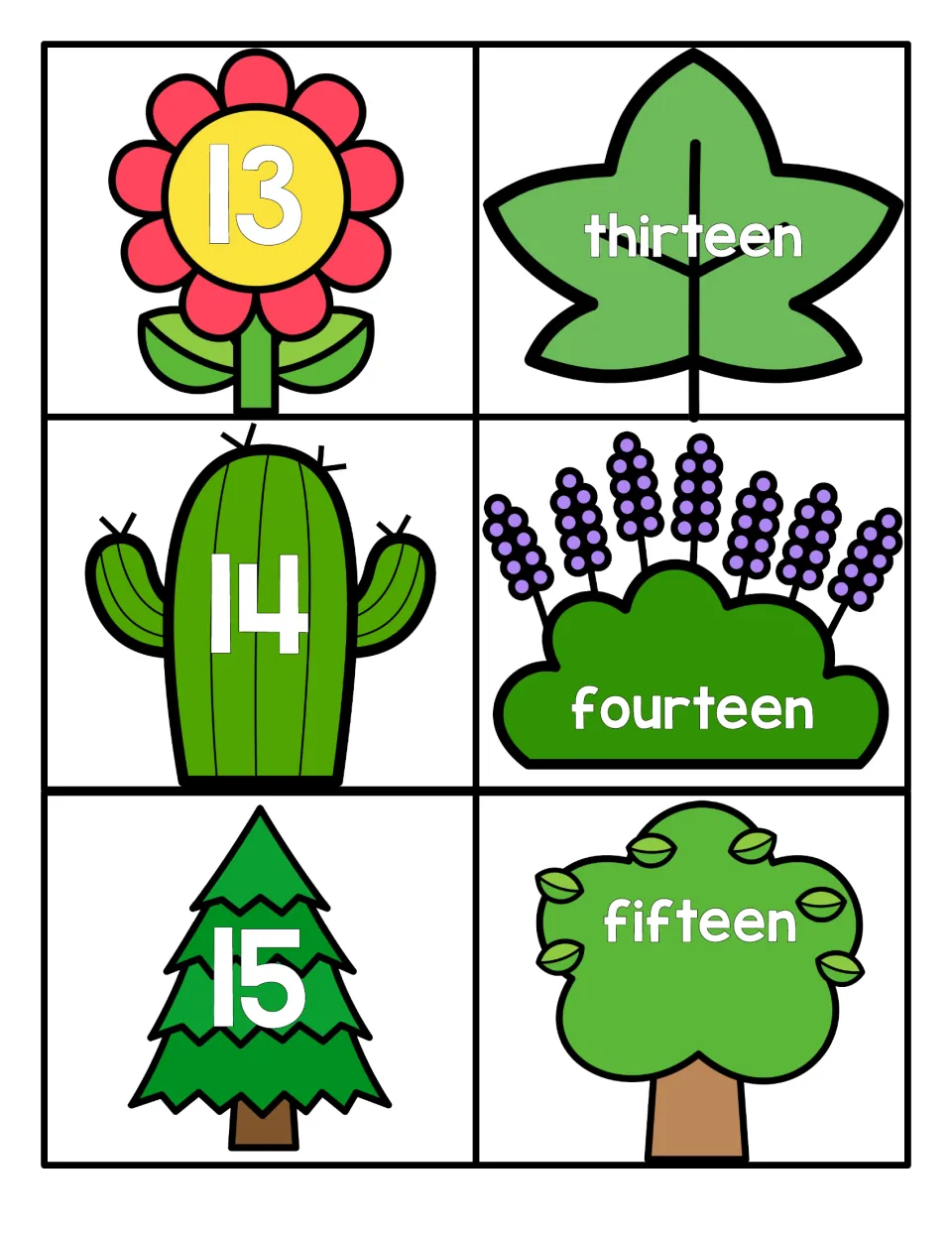 Numbers 13 to 15: numerals on a flower, cactus and pine tree match the words thirteen, fourteen and fifteen on plants