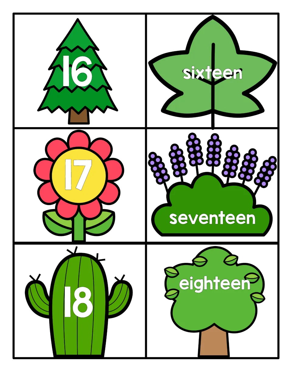 Numbers 16 to 18: 16, 17 and 18 on a pine tree, flower and cactus, with sixteen, seventeen and eighteen on word plants
