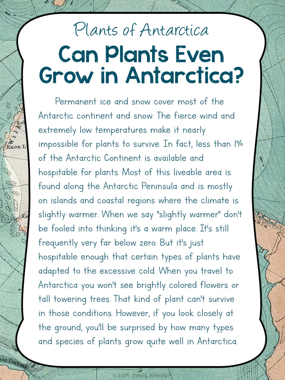 Introductory reading explains how Antarctic cold limits plant growth and where plants can survive