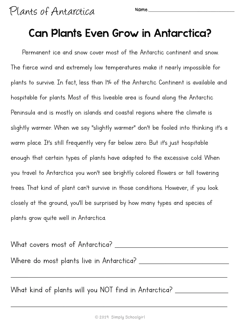Reading worksheet repeats the introduction and asks about ice cover, plant locations, and absent plants