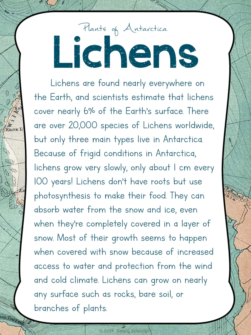 Lichens card back discusses worldwide distribution, slow Antarctic growth, photosynthesis, and snow cover
