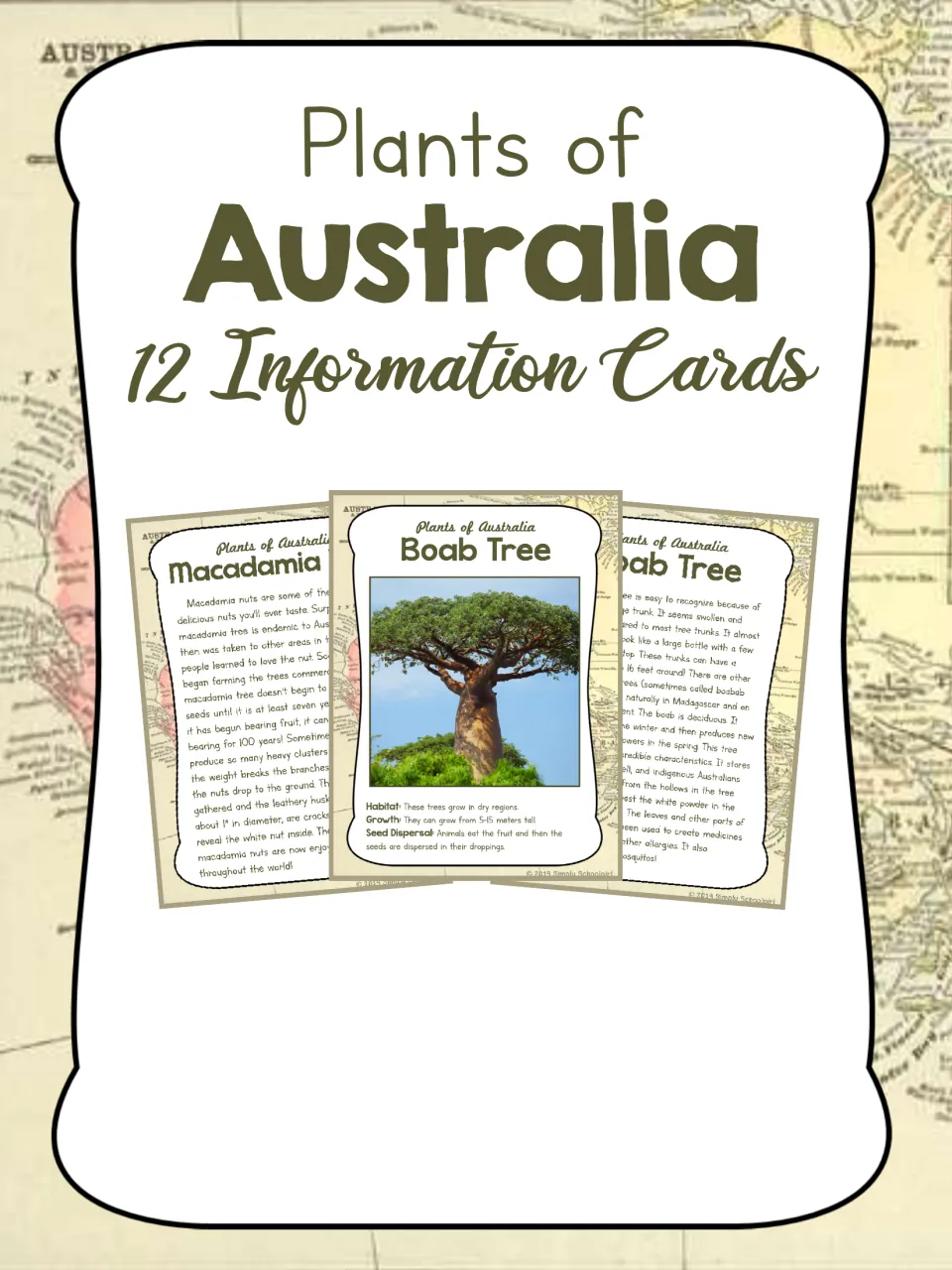 Cover for the Australian plant resource, labeled '12 Information Cards,' with sample plant card fronts and backs