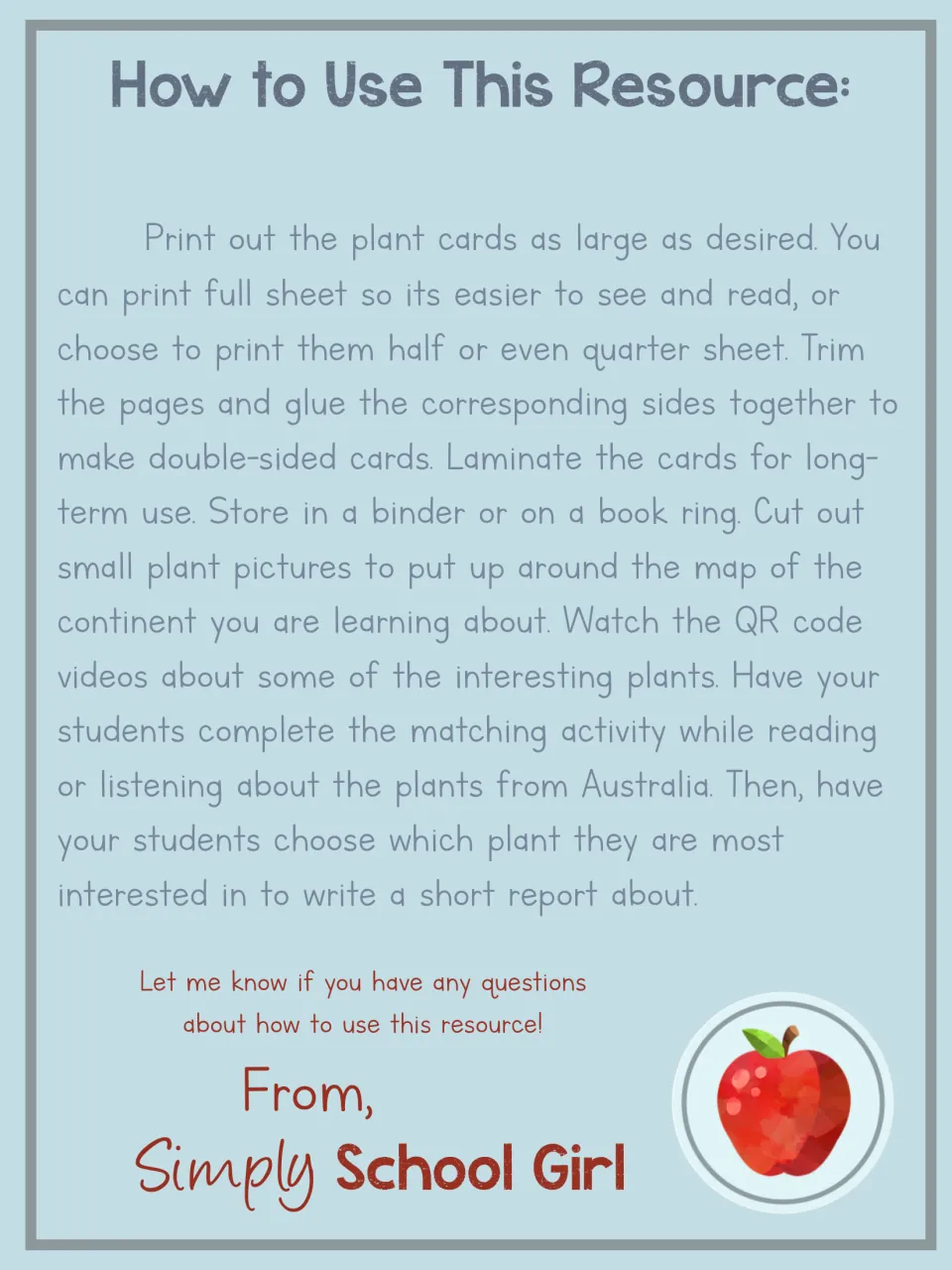 Directions for printing, joining, laminating, and storing plant cards, plus matching and report activities