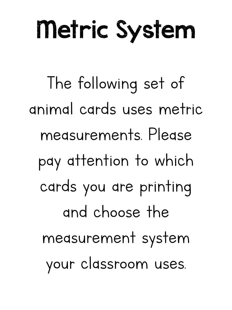 Metric System divider introducing the measurement version and asking teachers to select cards for their classroom