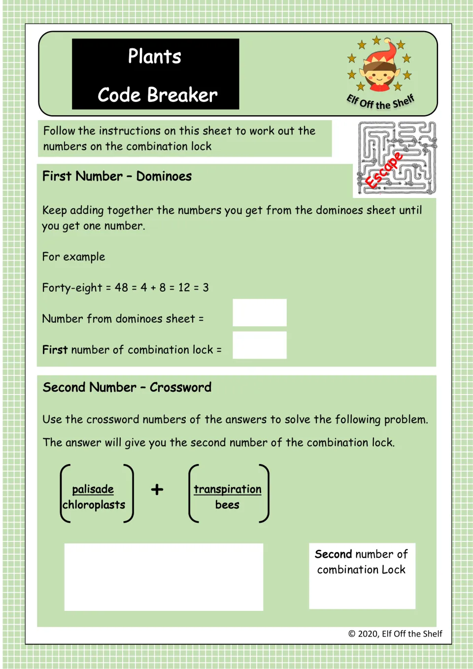 Plants Code Breaker: students reduce the dominoes number to one digit and add crossword clue numbers to open a lock
