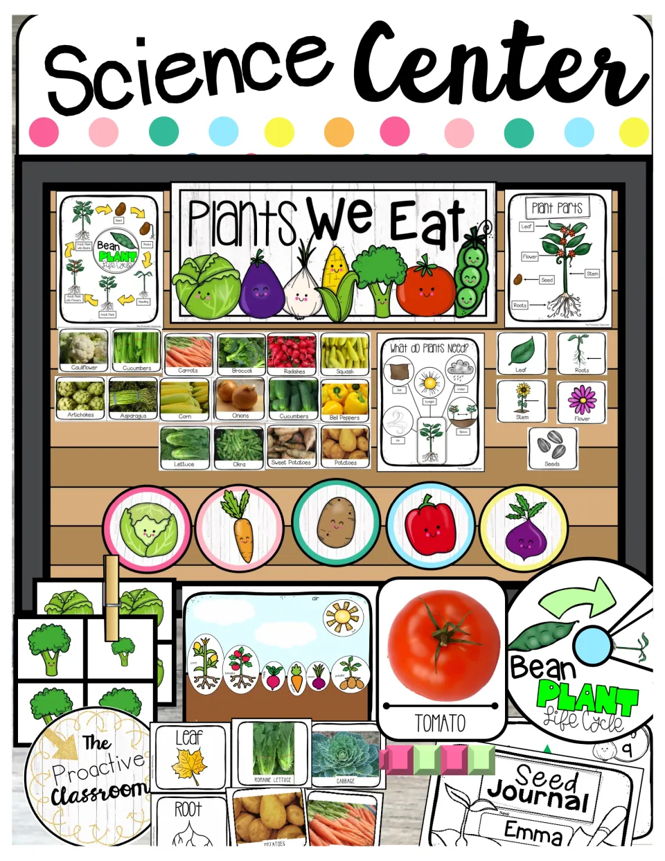 Science Center cover: Plants We Eat board, plant part and life cycle charts, sorting cards, garden scene and seed journal