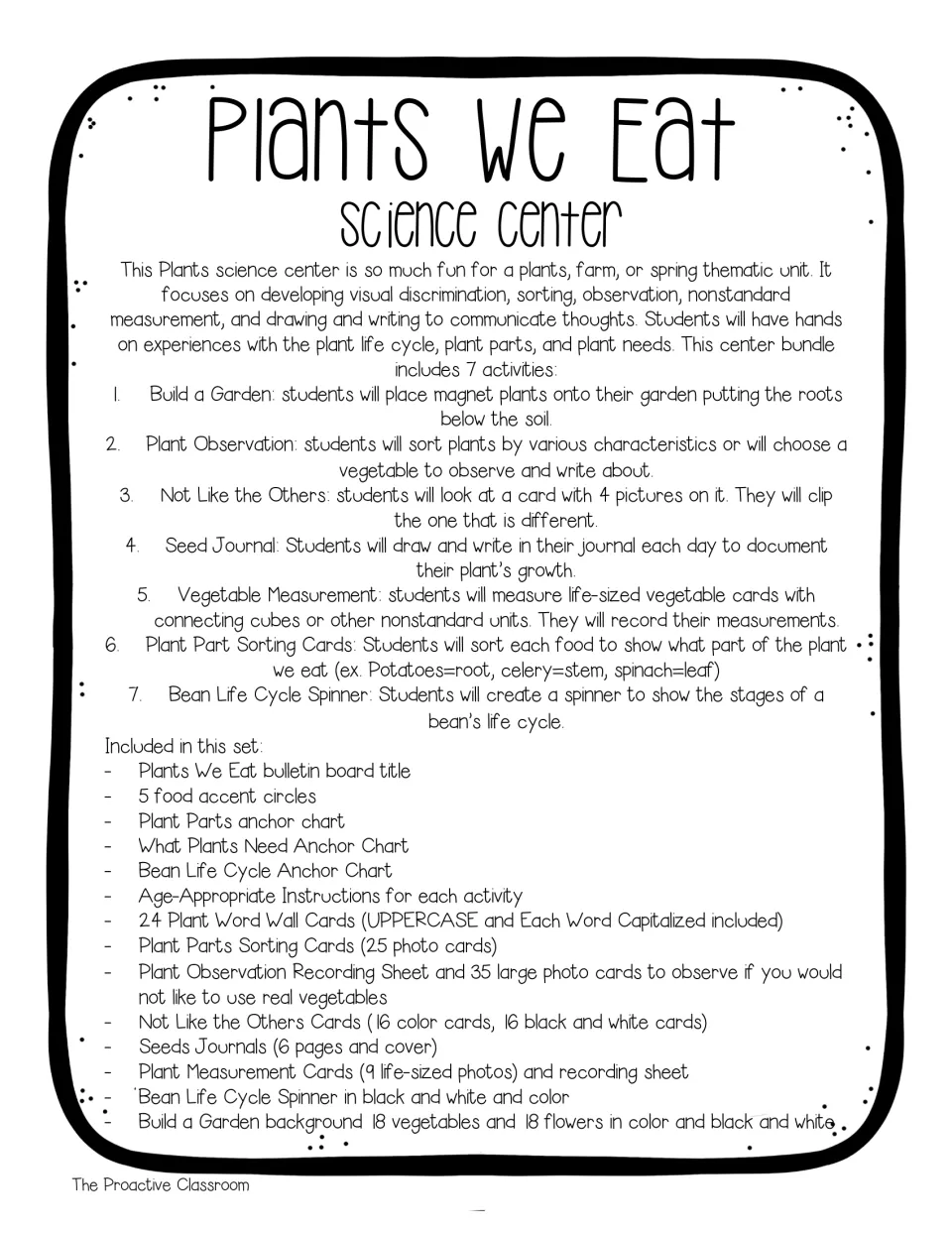 Plants We Eat overview: describes 7 activities, from Build a Garden to a bean life cycle spinner, and lists all parts