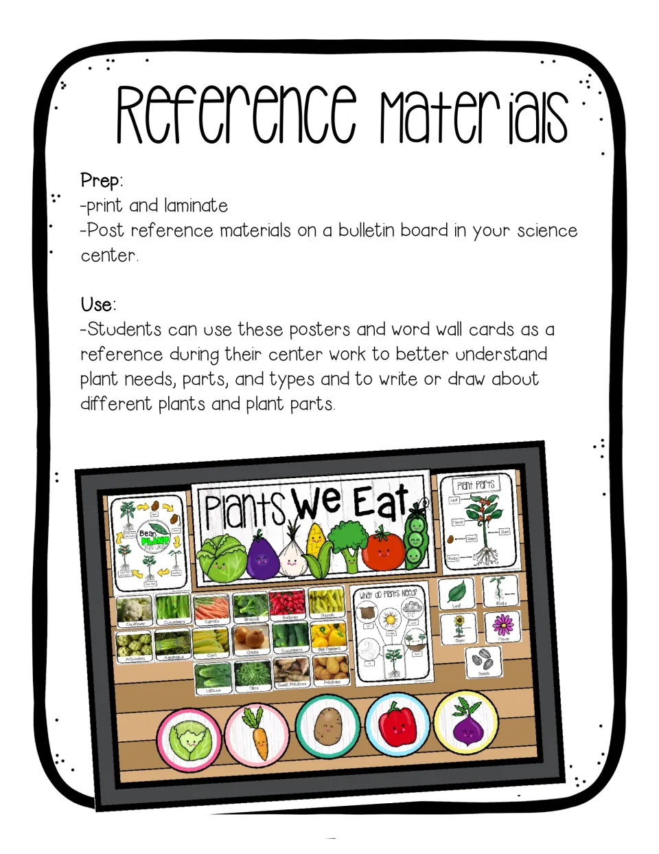 Reference Materials directions: print, laminate and post plant posters and word cards on a bulletin board for student use