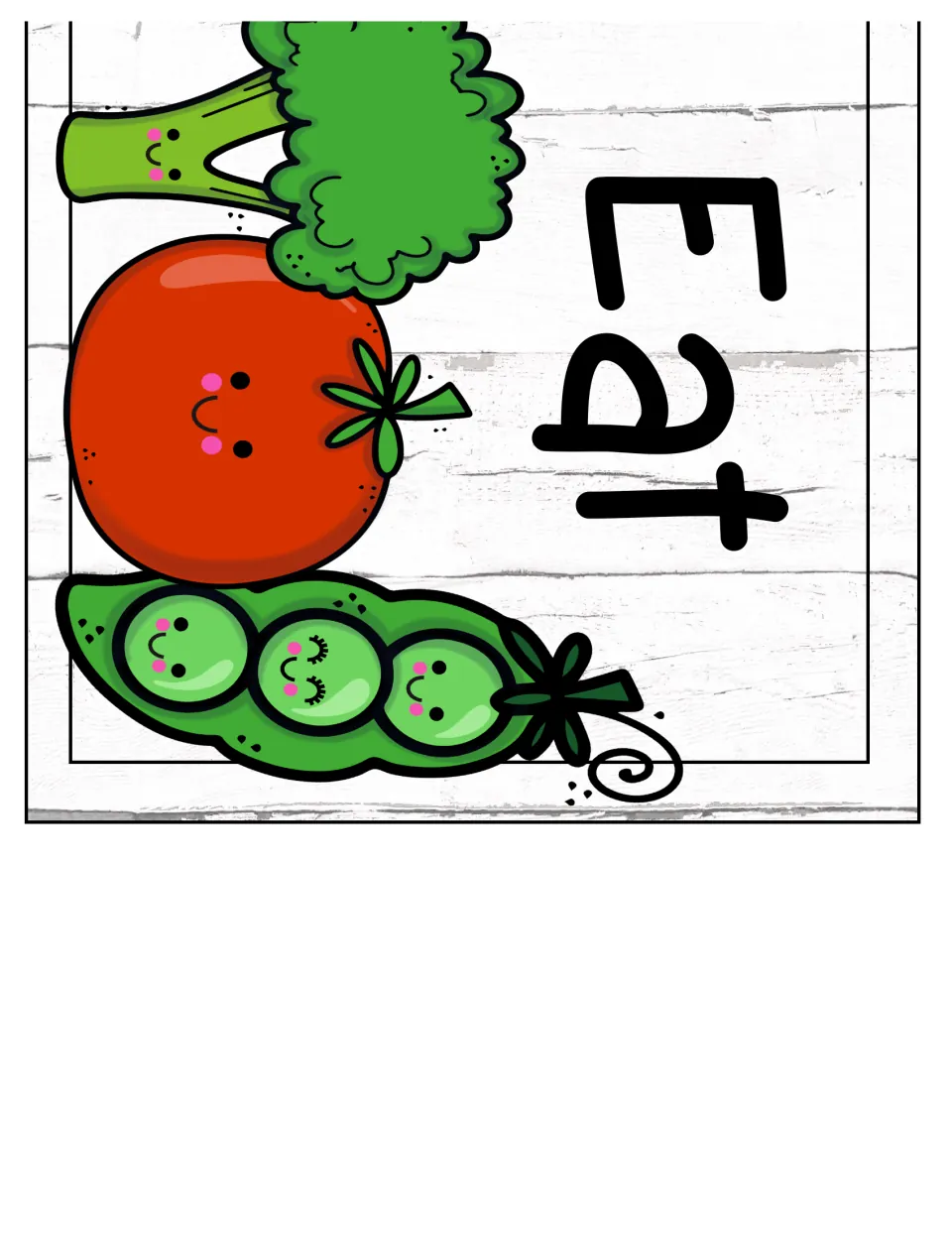 Plants We Eat banner cut-out piece with the word Eat beside smiling broccoli, tomato and pea pod to finish the title