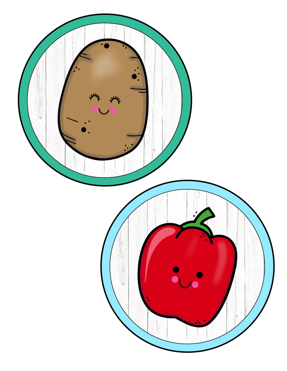 Vegetable accent circles: a smiling potato in a teal ring and a smiling red bell pepper in a light blue ring