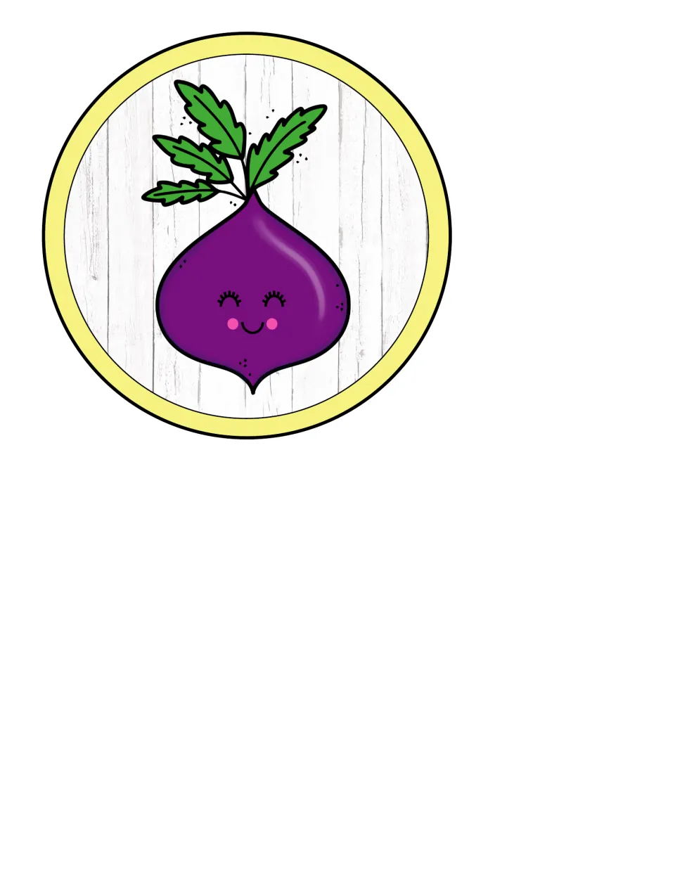 Vegetable accent circle: one smiling purple beet with green leaves in a yellow ring, the last of the five food accents