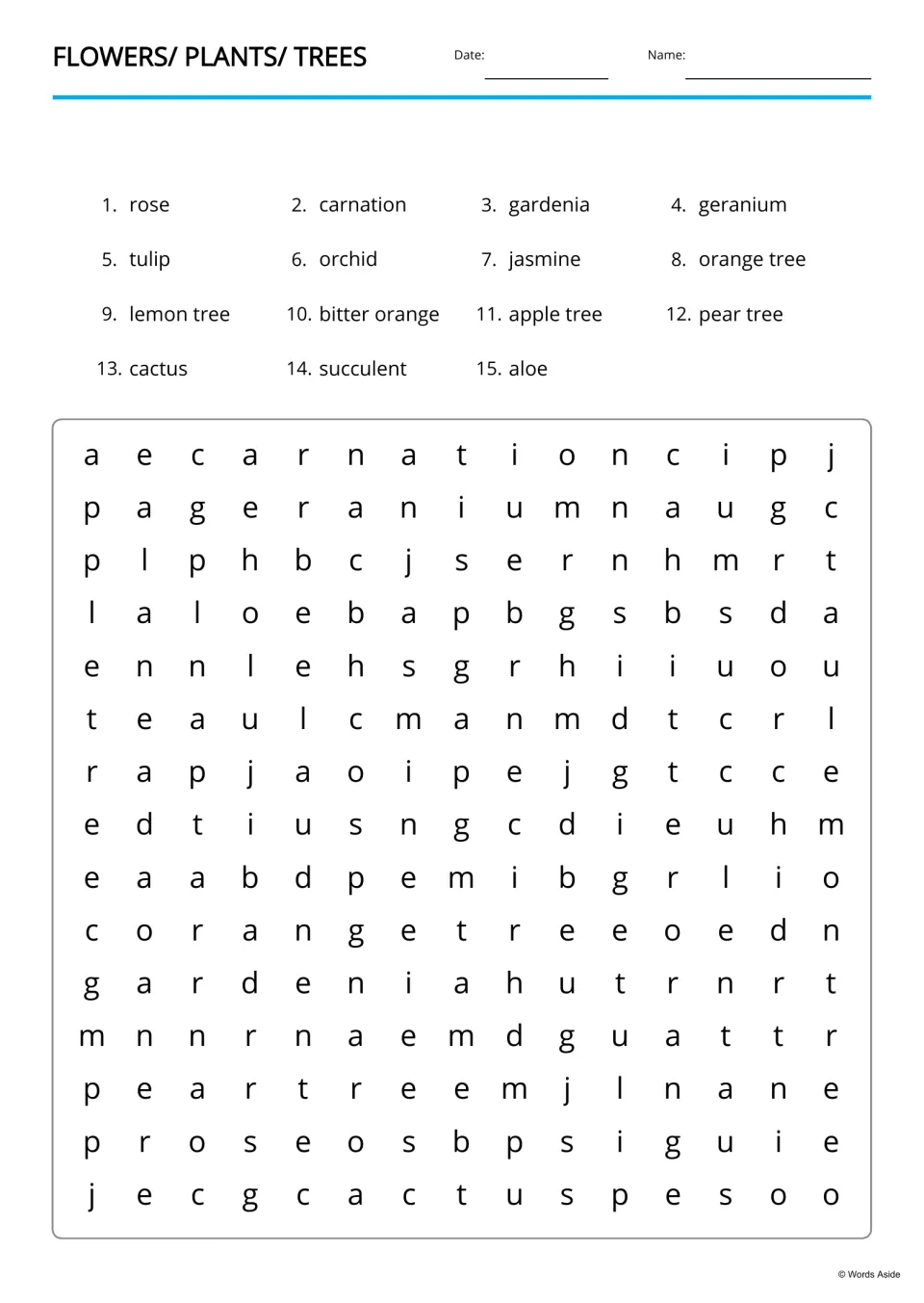 Flowers, plants and trees word search: students find 15 listed words such as rose, orchid, lemon tree and cactus in a grid